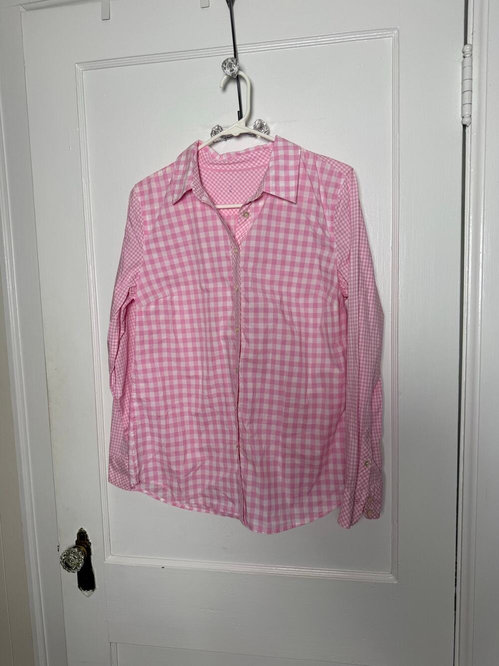 Talbots Pink Gingham Button Down Shirt Medium 100% Cotton Preppy Coastal Blouse